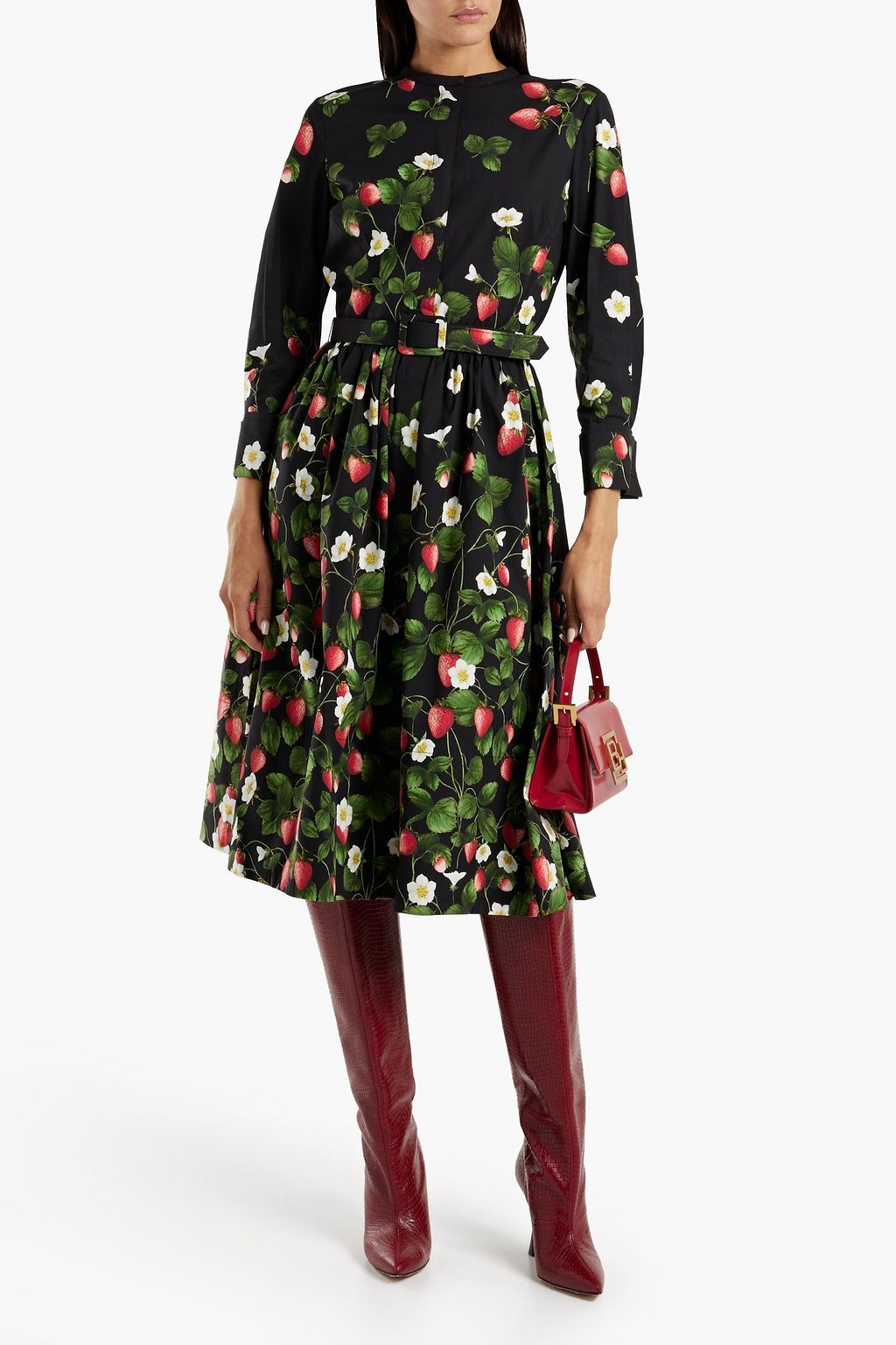 OSCAR DE LA RENTA Belted printed cotton-blend poplin midi dress