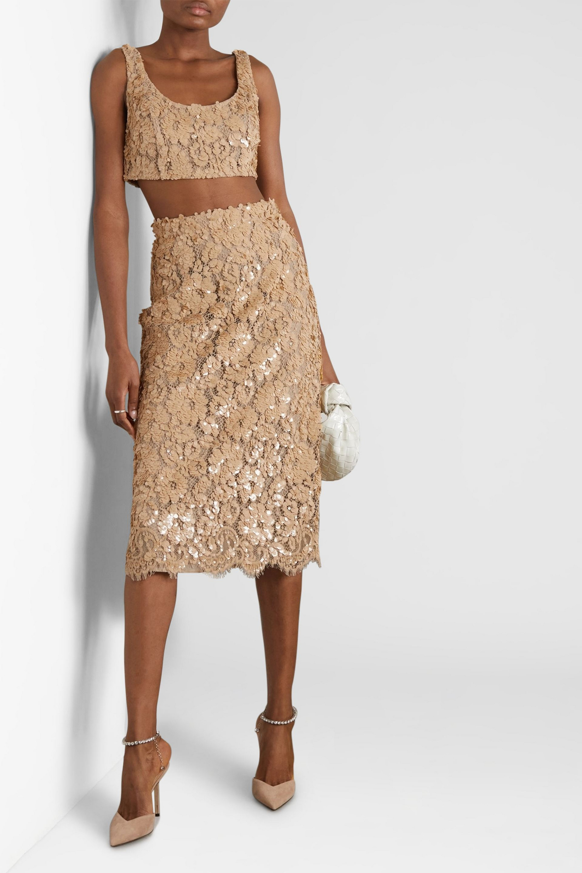 MICHAEL KORS COLLECTION Cropped embellished cotton-blend corded lace top