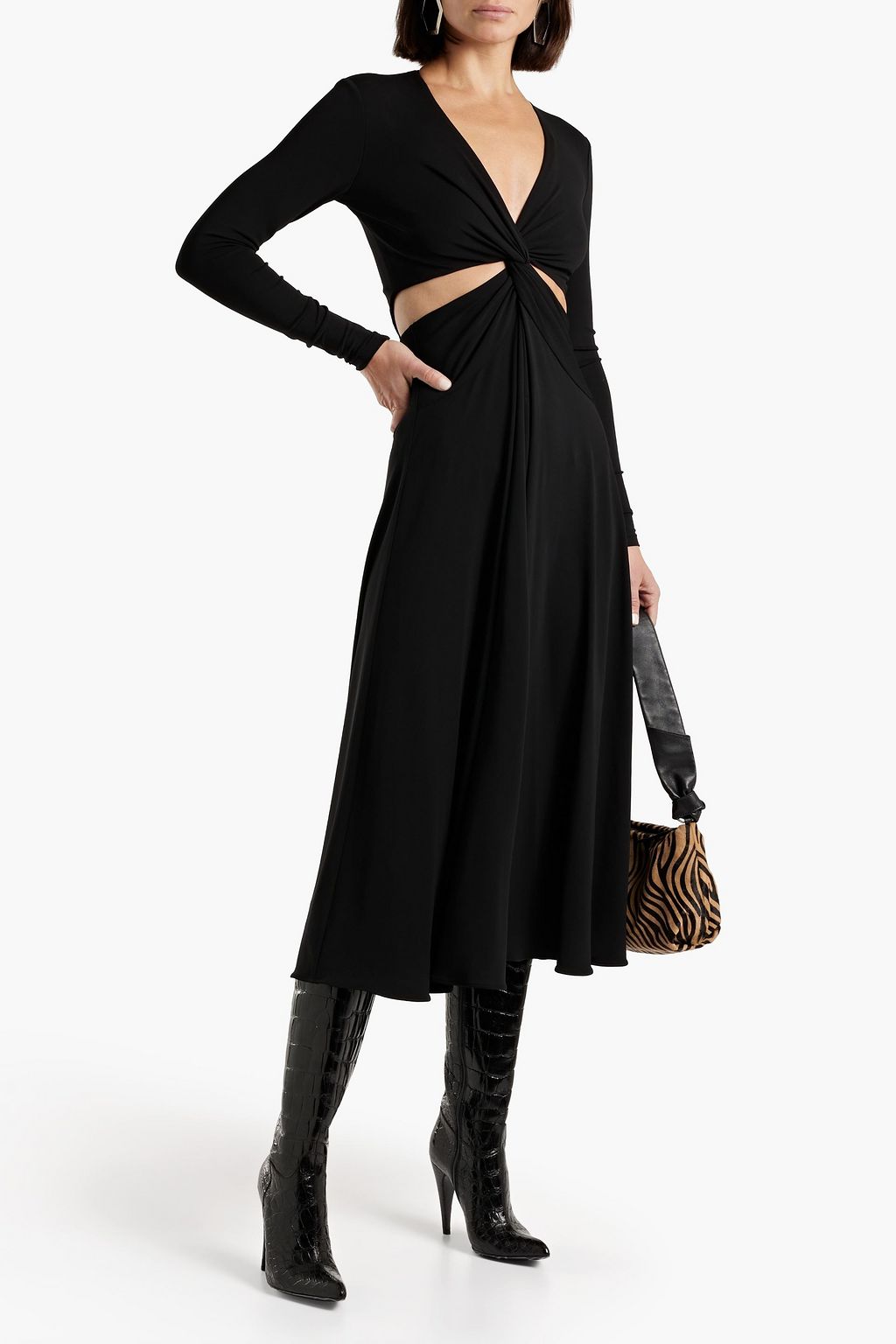 MICHAEL KORS COLLECTION فستان متوسط الطول من الجيرسيه مميز بفتحات وبتصميم متشابك من الأمام