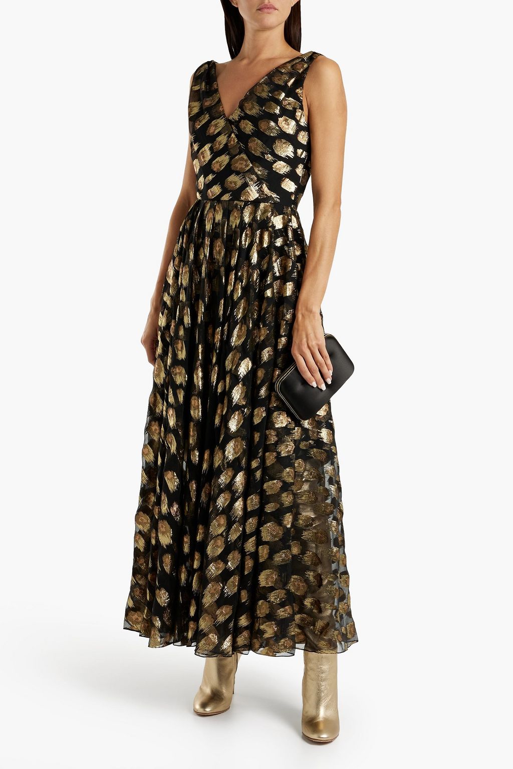 OSCAR DE LA RENTA Pleated metallic fil coupé silk-blend georgette maxi dress