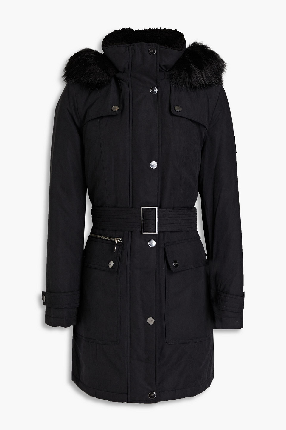 Dkny Sleepwear Faux Fur-trimmed Shell Hooded Coat In Black