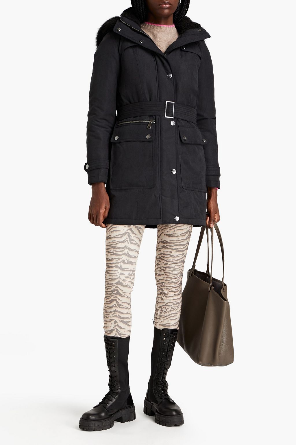 DKNY Faux fur-trimmed shell hooded coat