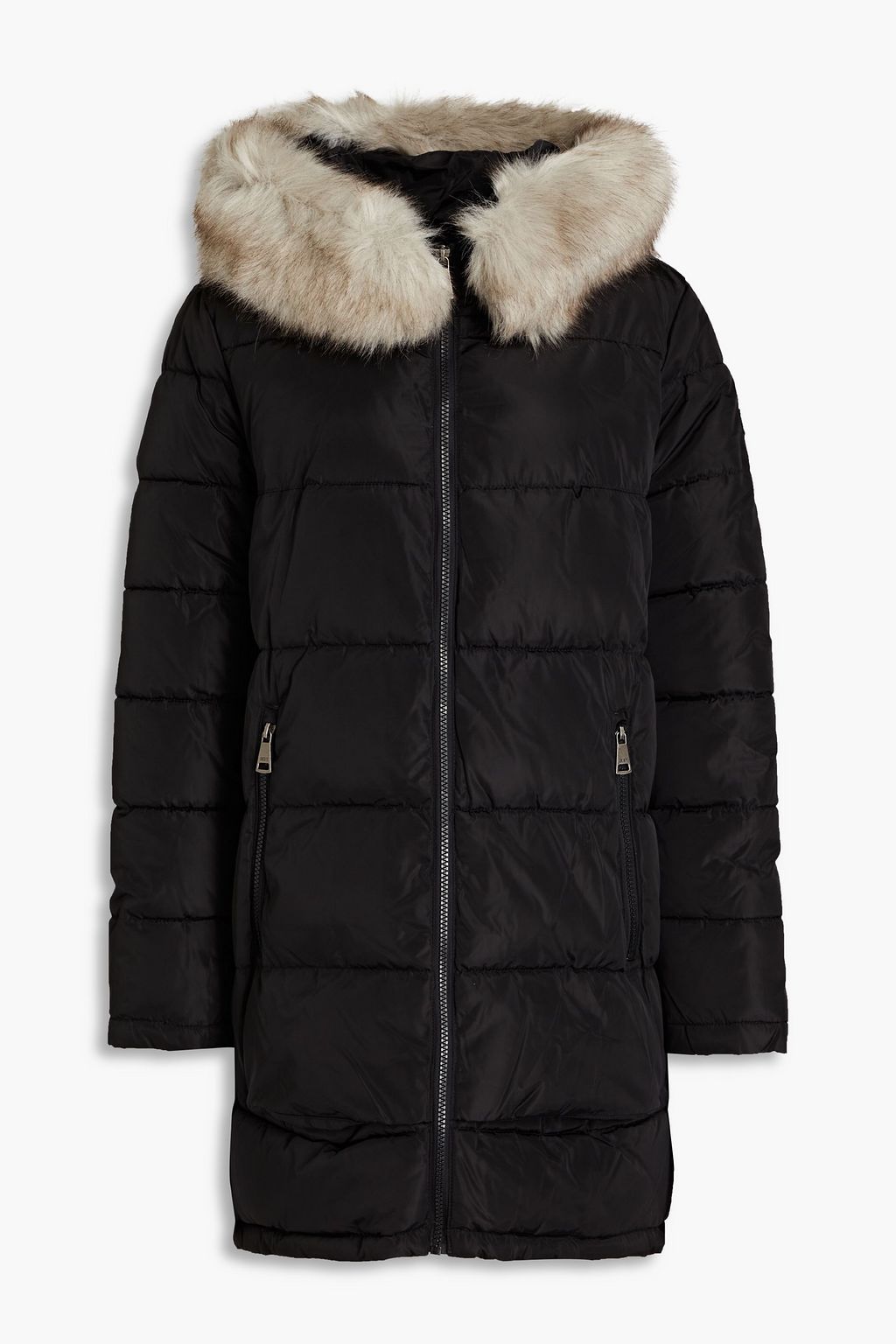 Faux fur-trimmed quilted shell hooded coat