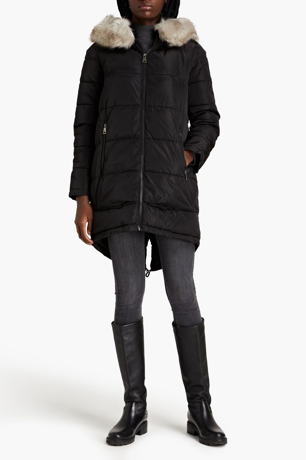 Faux fur trimmed quilted shell hooded coat black XS