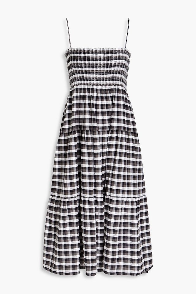 Gathered checked cotton-jacquard midi dress