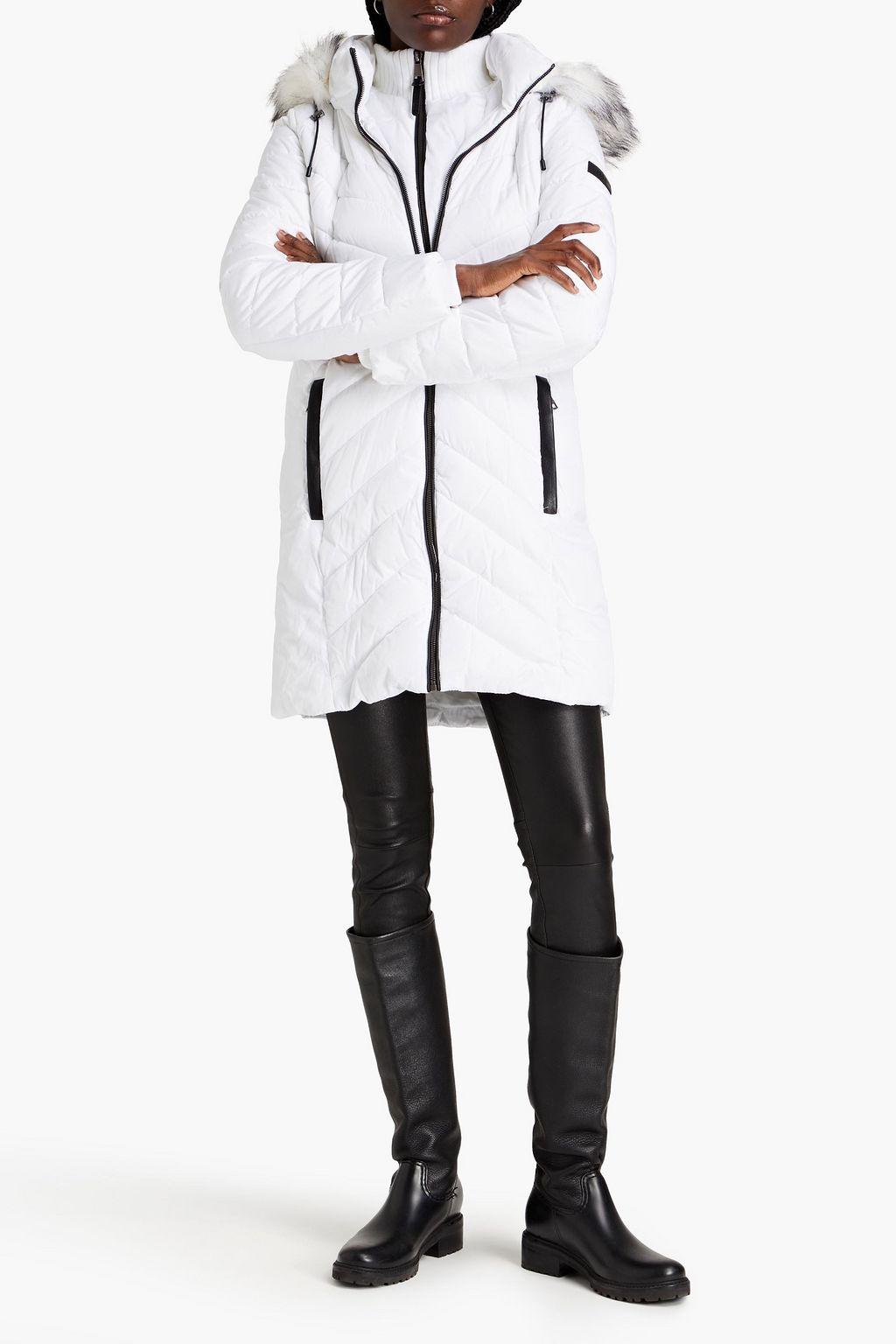 DKNY Faux fur-trimmed quilted shell hooded coat