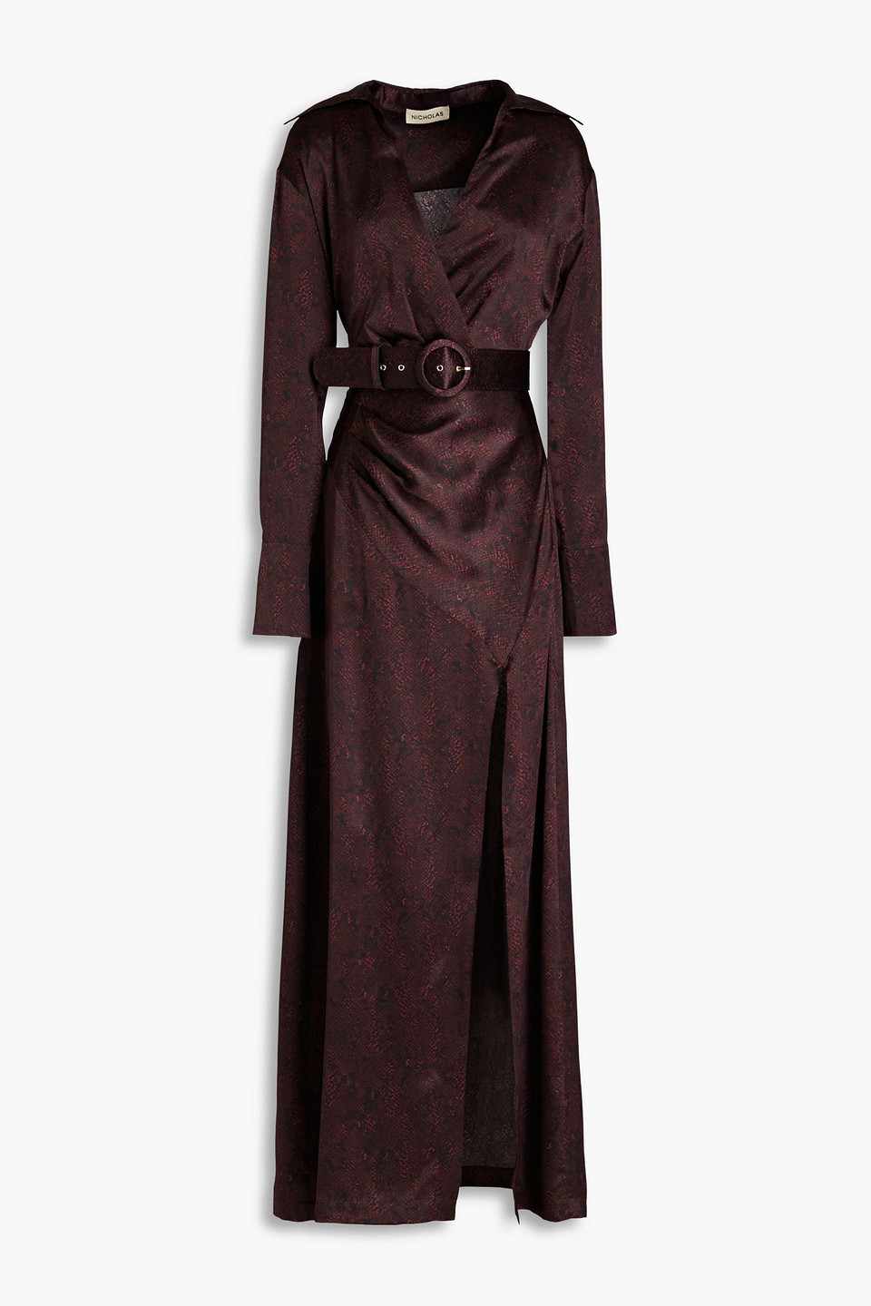 Wrap-effect snake-print silk-satin gown