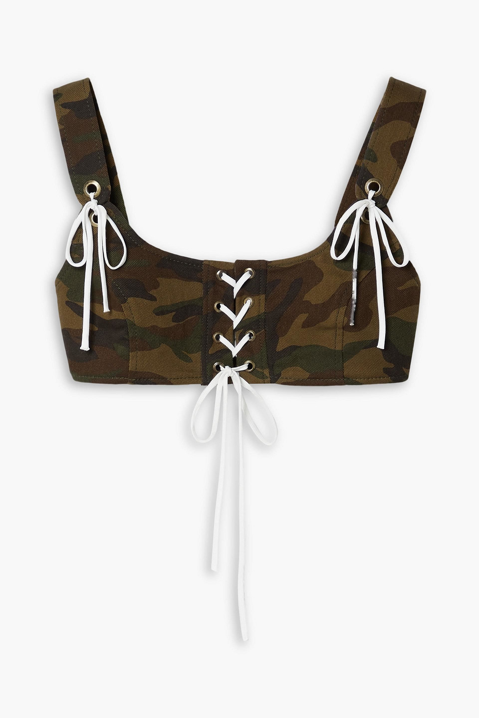 Lace-up printed camouflage-print cotton-twill bralette