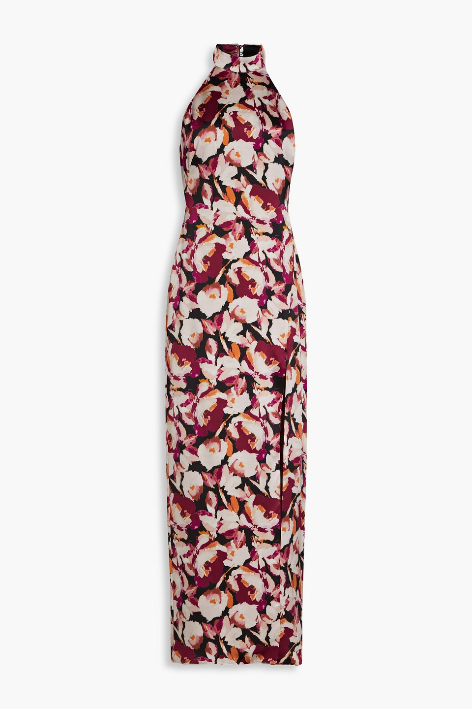 Shop Nicholas Ramina Floral-print Silk-satin Crepe Halterneck Gown In Claret