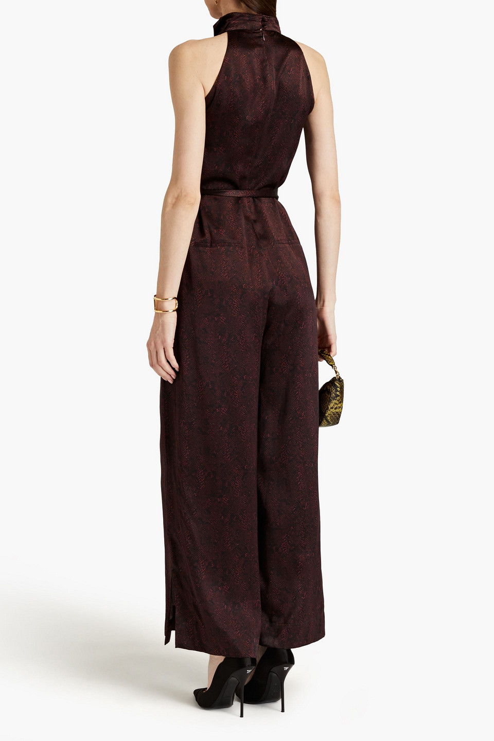 Shop Nicholas Ashley Belted Cutout Snake-print Silk-satin Crepe Jumpsuit In Burgundy