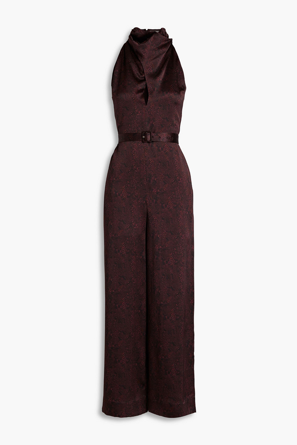 Nicholas Ashley Belted Cutout Snake-print Silk-satin Crepe Jumpsuit In Burgundy