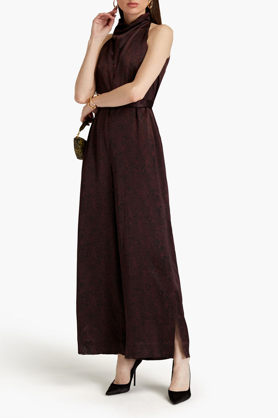 Shop Nicholas Ashley Belted Cutout Snake-print Silk-satin Crepe Jumpsuit In Burgundy