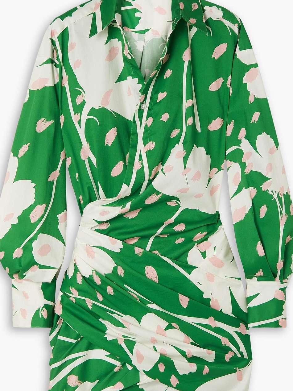 wrap-effect floral-print cotton-blend poplin mini shirt dress