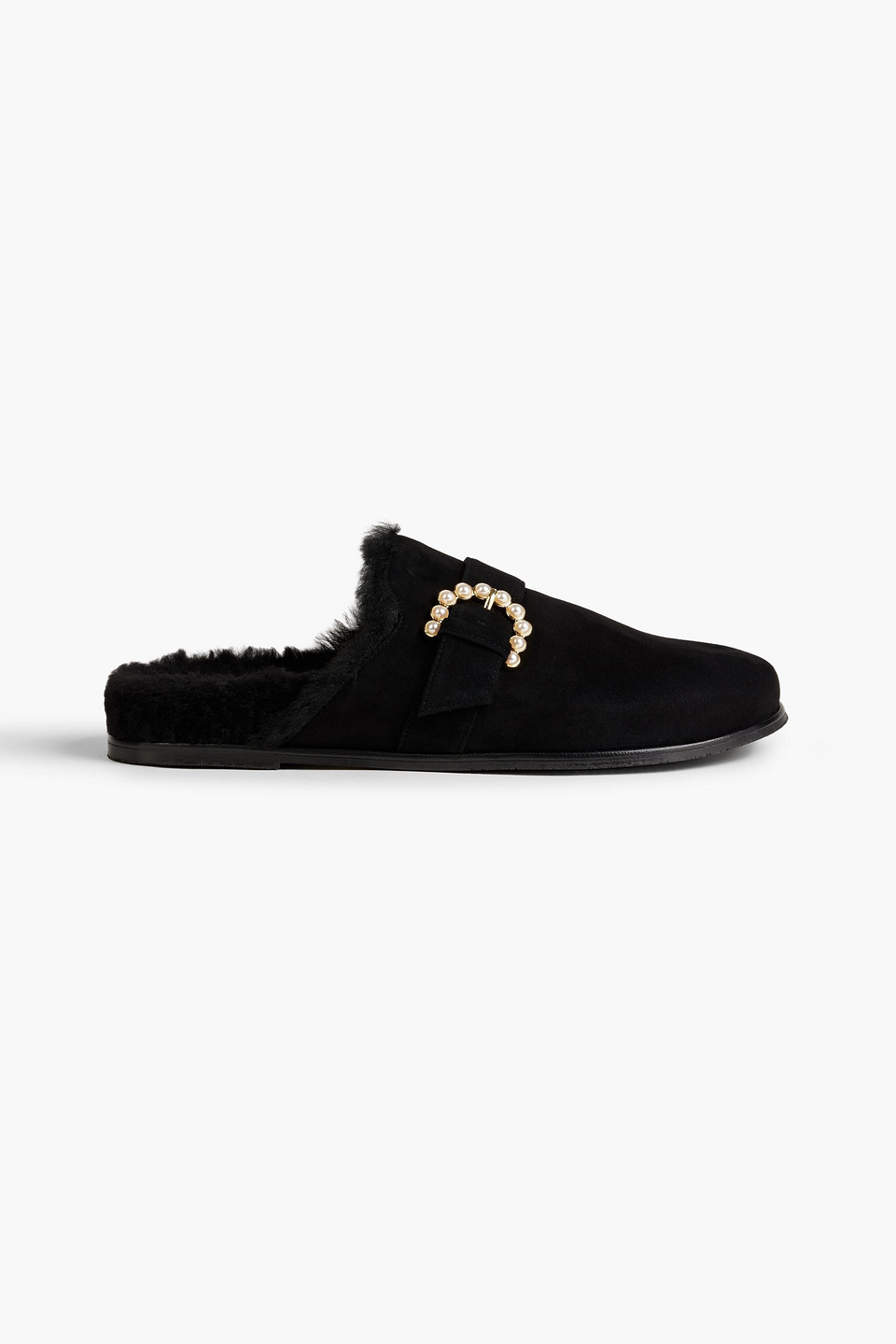 Stuart Weitzman Piper Embellished Shearling-lined Suede Slippers In Black