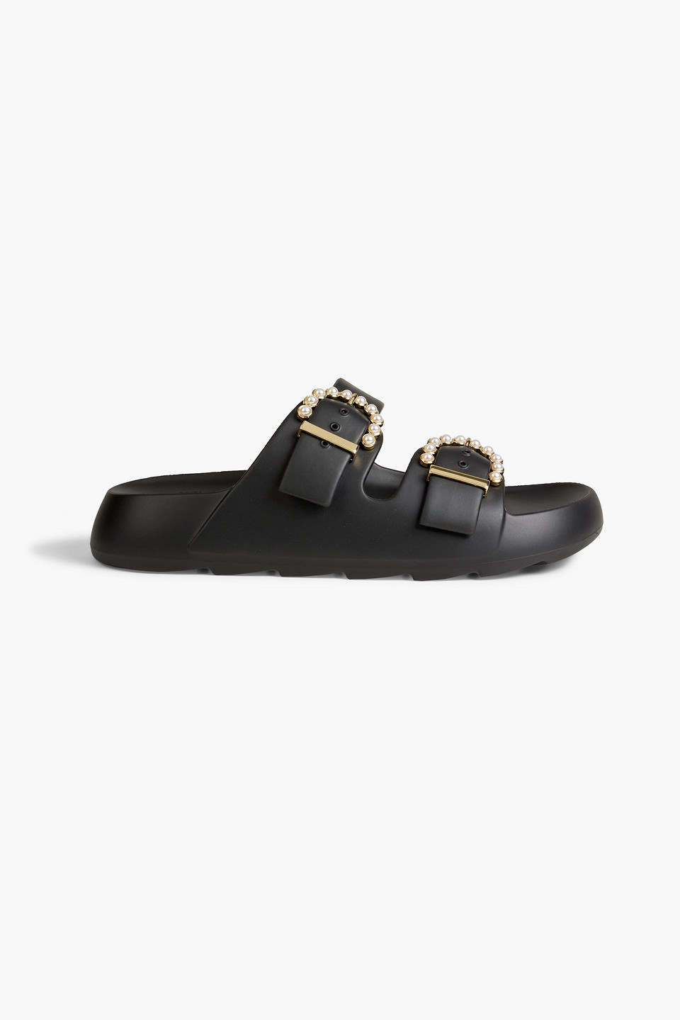 Stuart Weitzman Eva Faux-pearl Embellished Rubber Slides In Black