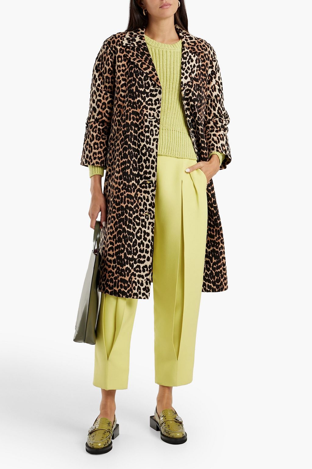 GANNI Leopard-print linen and cotton-blend trench coat