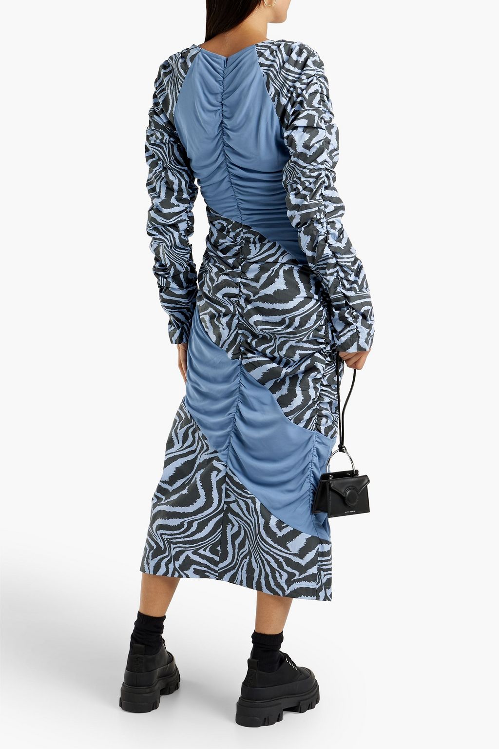 GANNI Ruched printed cotton-poplin and jersey midi dress