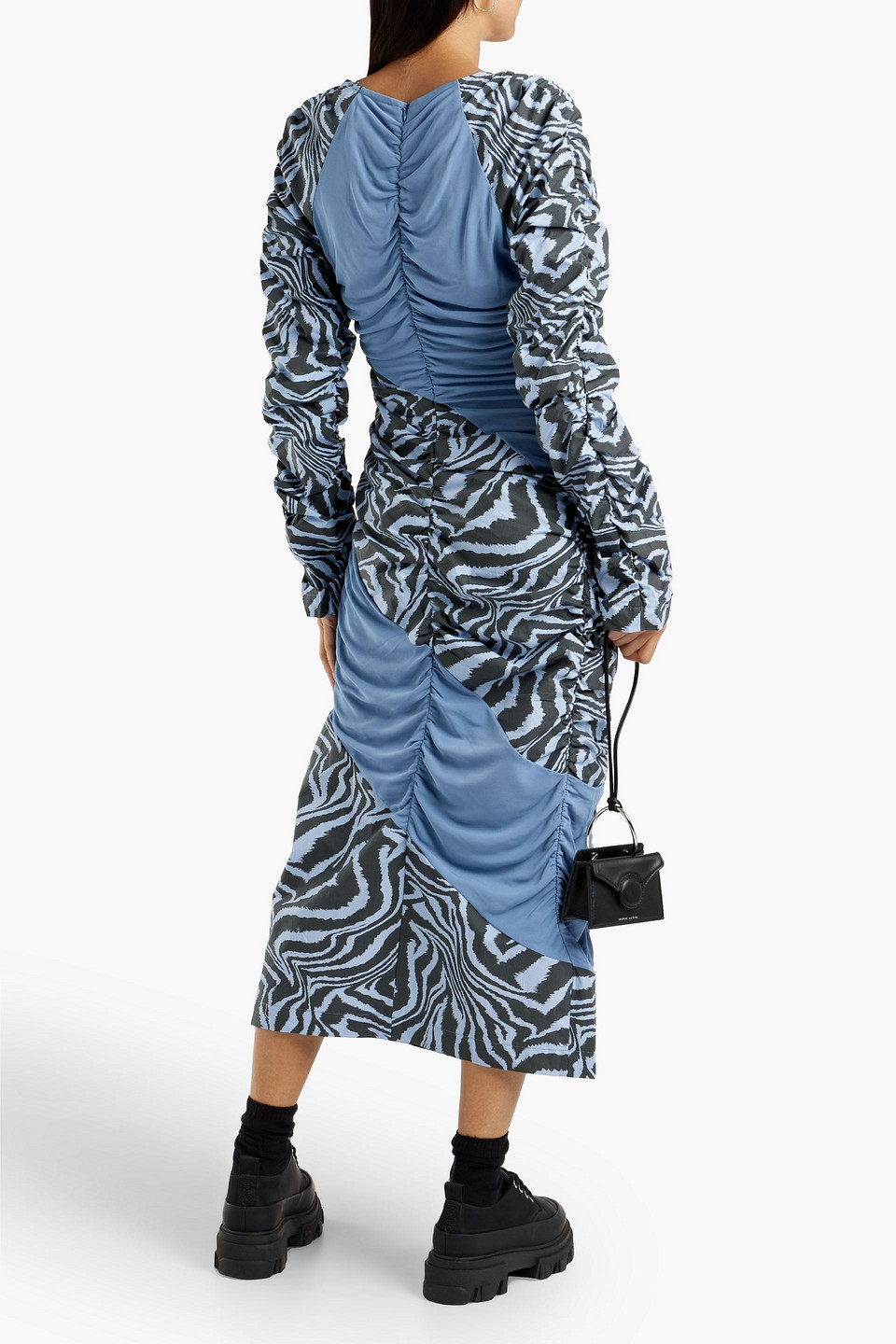 Ganni Ruched Printed Cotton-poplin And Jersey Midi Dress In Light Blue