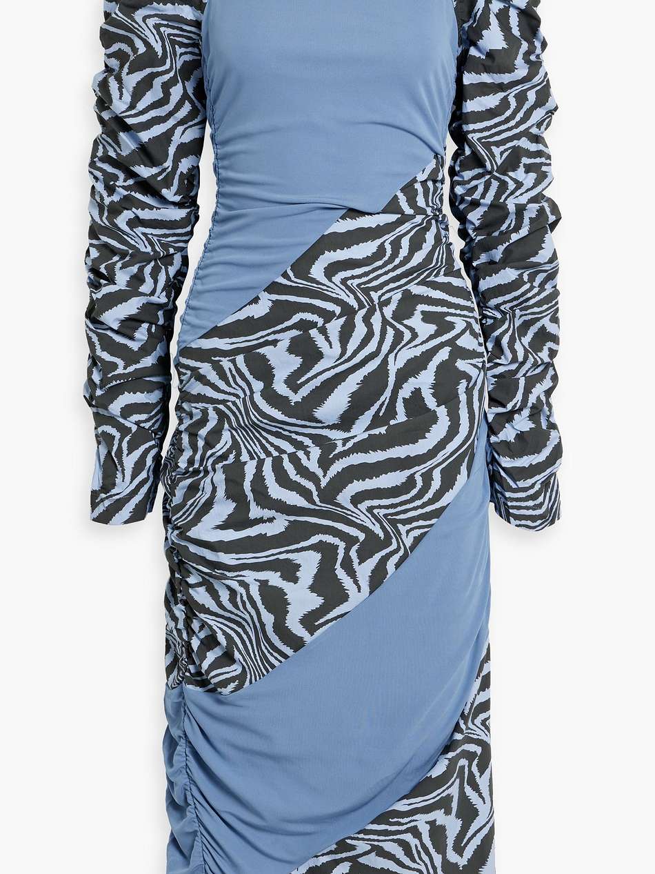 ruched printed cotton-poplin and jersey midi dress