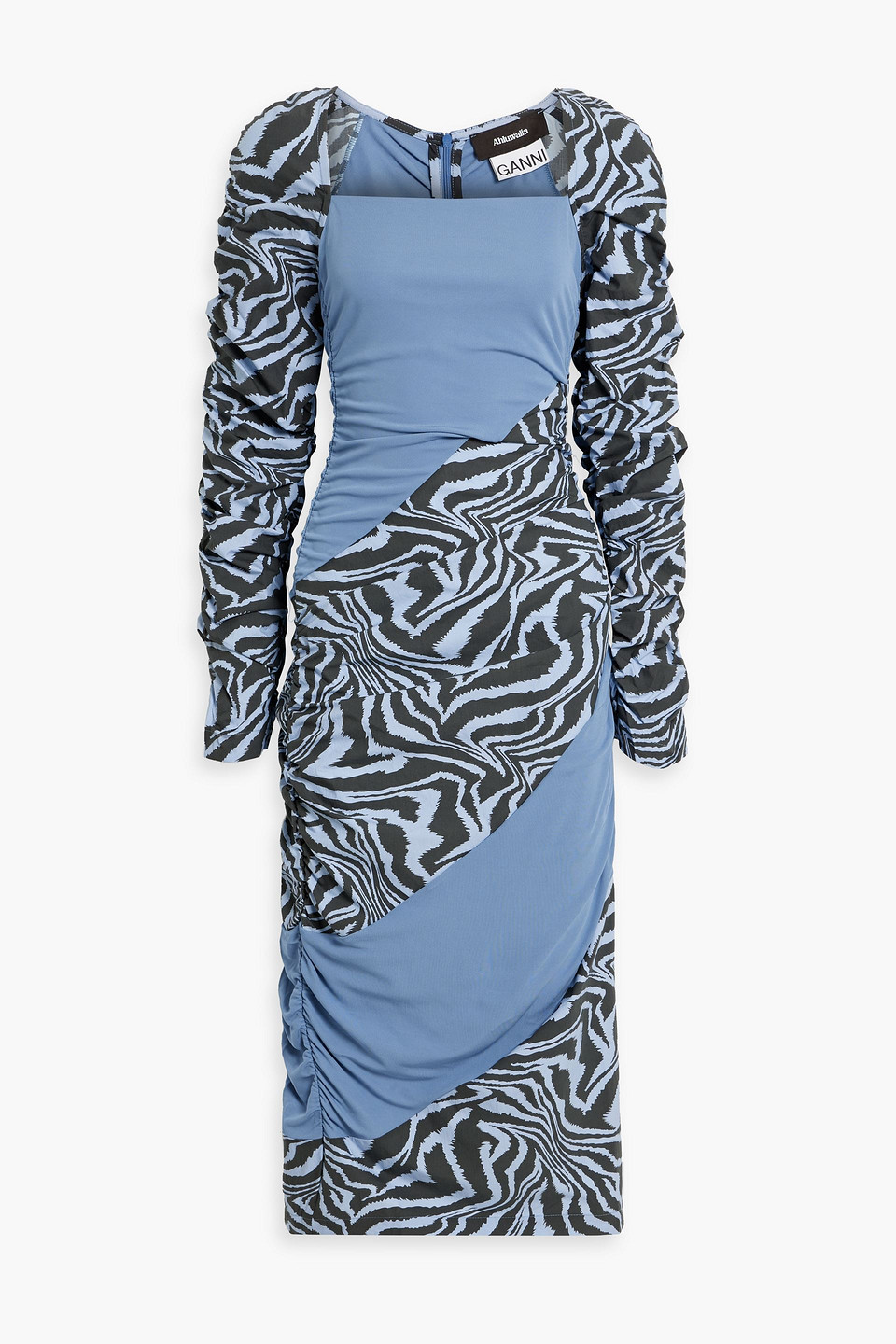 Ganni Ruched Printed Cotton-poplin And Jersey Midi Dress In Light Blue