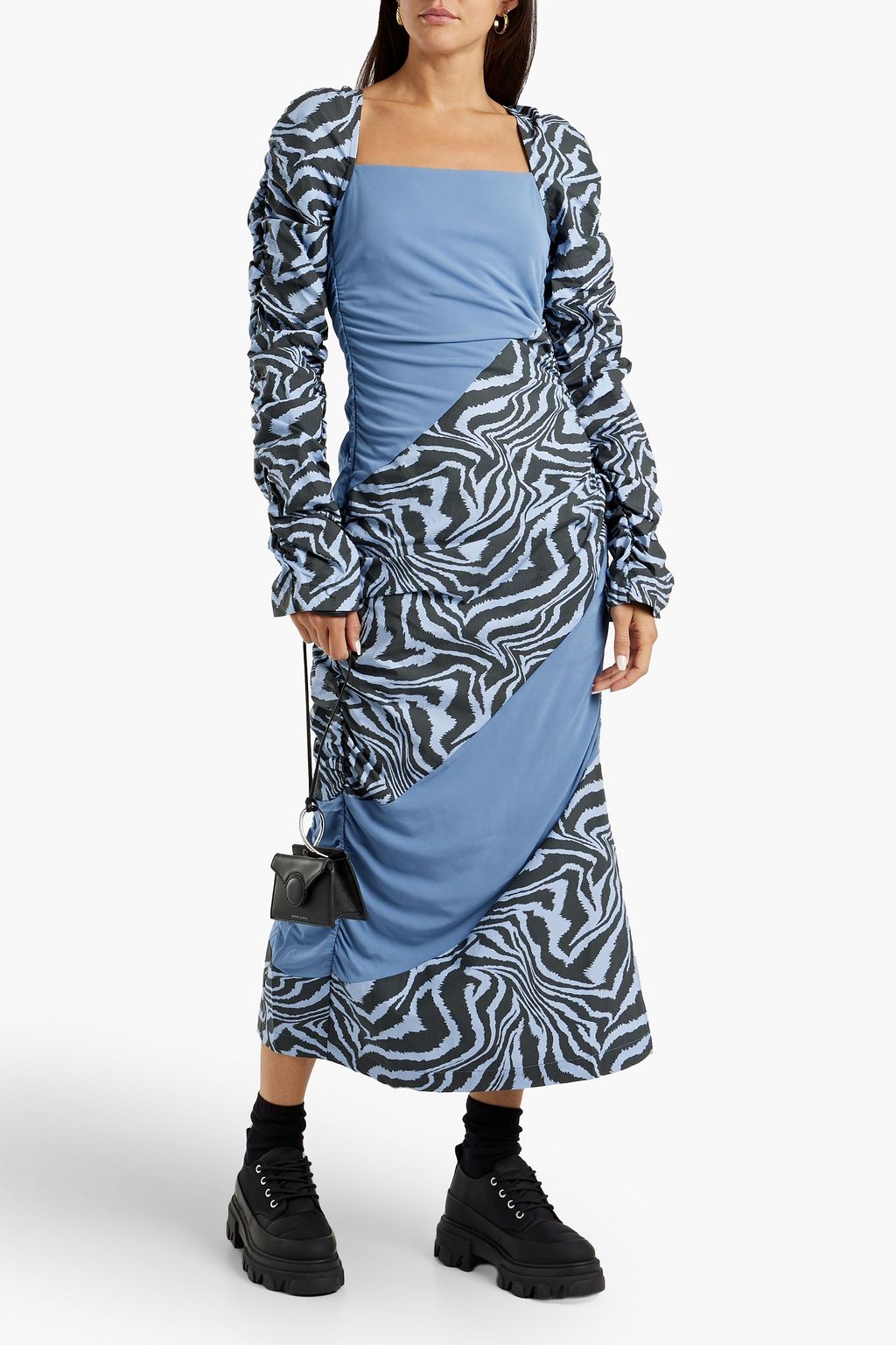 GANNI Ruched printed cotton-poplin and jersey midi dress