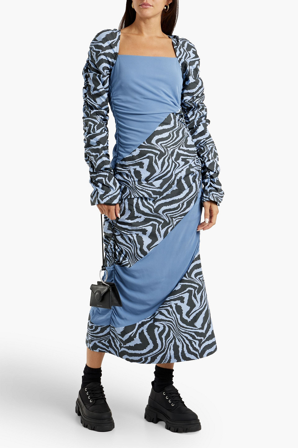 Shop Ganni Ruched Printed Cotton-poplin And Jersey Midi Dress In Light Blue