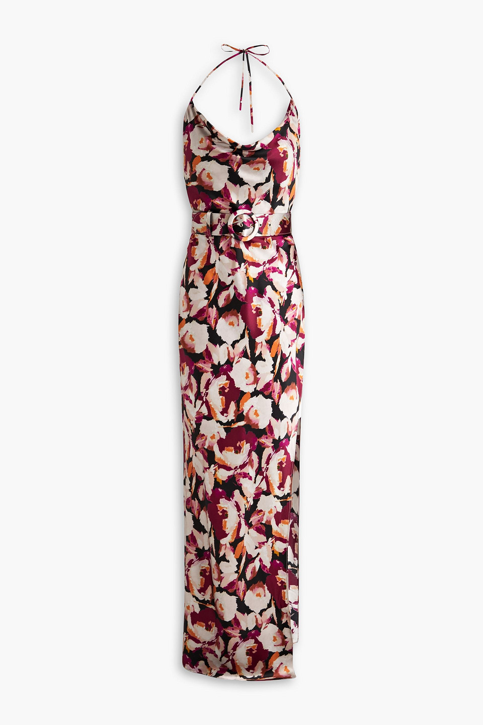 Nicholas Lucinda Draped Floral-print Silk-satin Halterneck Maxi Dress In Claret