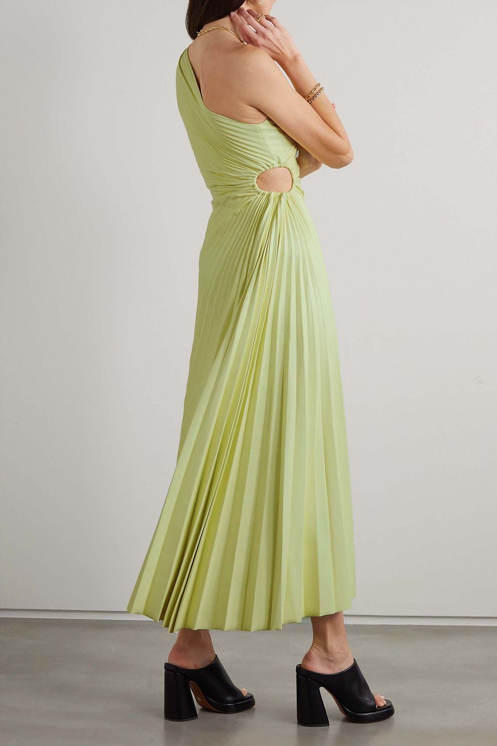 A.L.C. Delfina asymmetric one-shoulder cutout plissé-faux leather midi dress