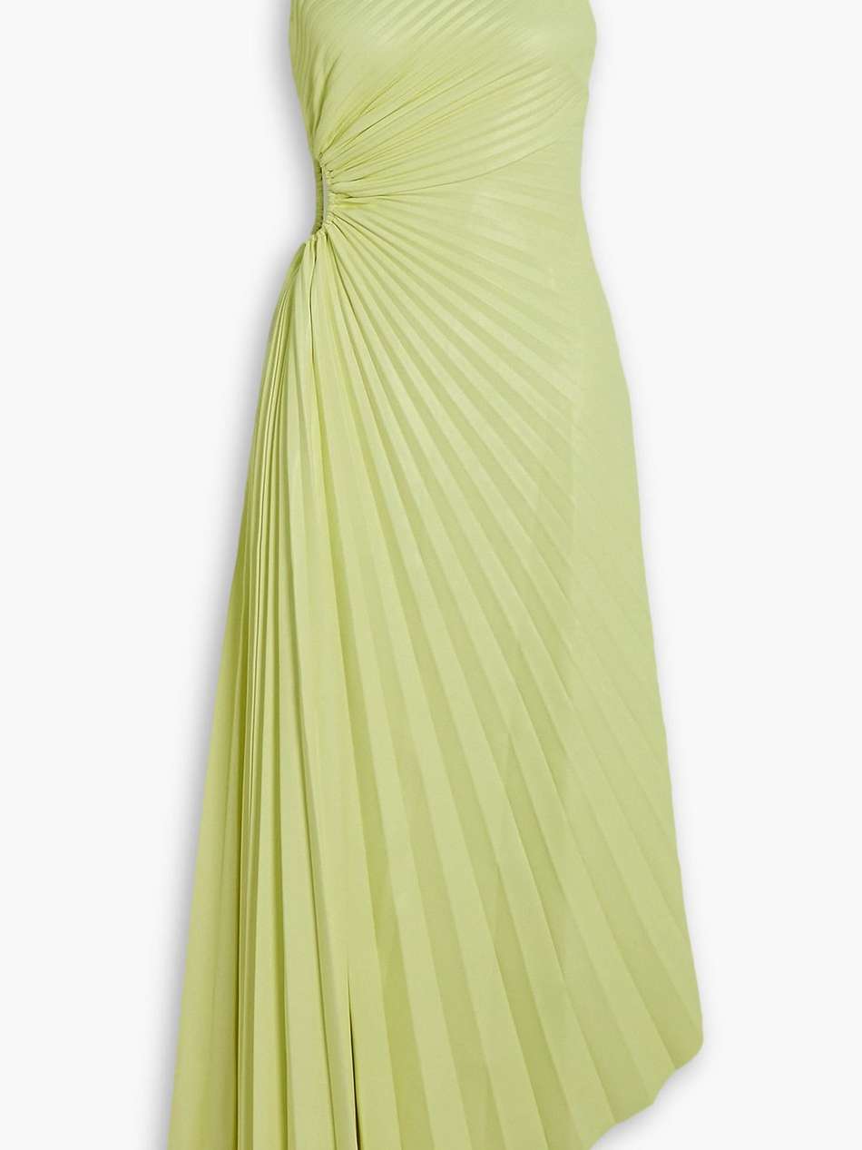 delfina asymmetric one-shoulder cutout plissé-faux leather midi dress