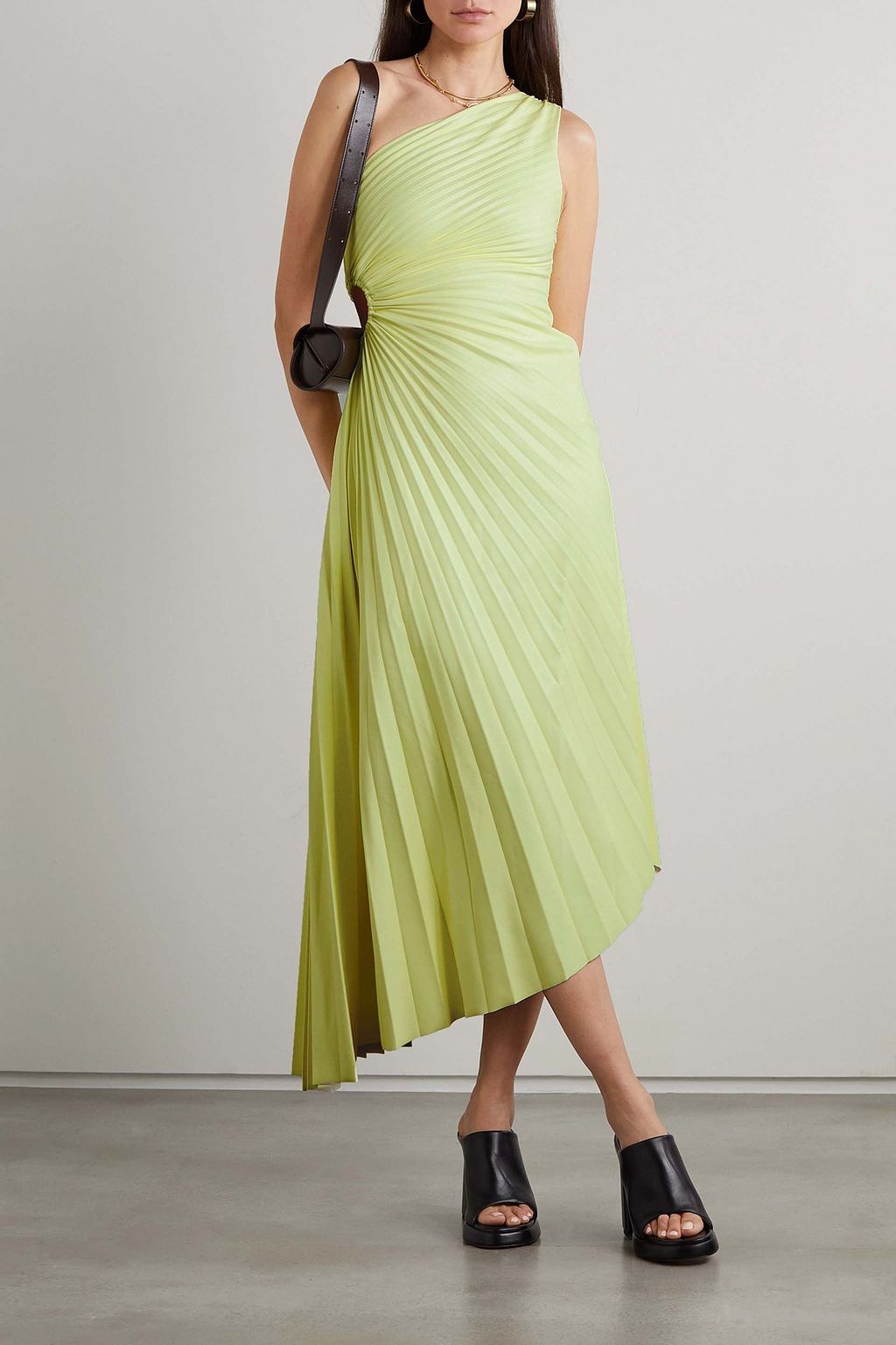 A.L.C. Delfina asymmetric one-shoulder cutout plissé-faux leather midi dress