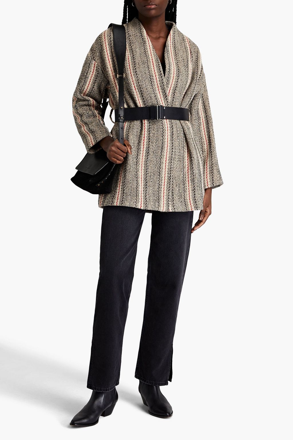 BA&SH Manteau Jacke aus einer Wollmischung mit Fischgratmuster und Gürtel