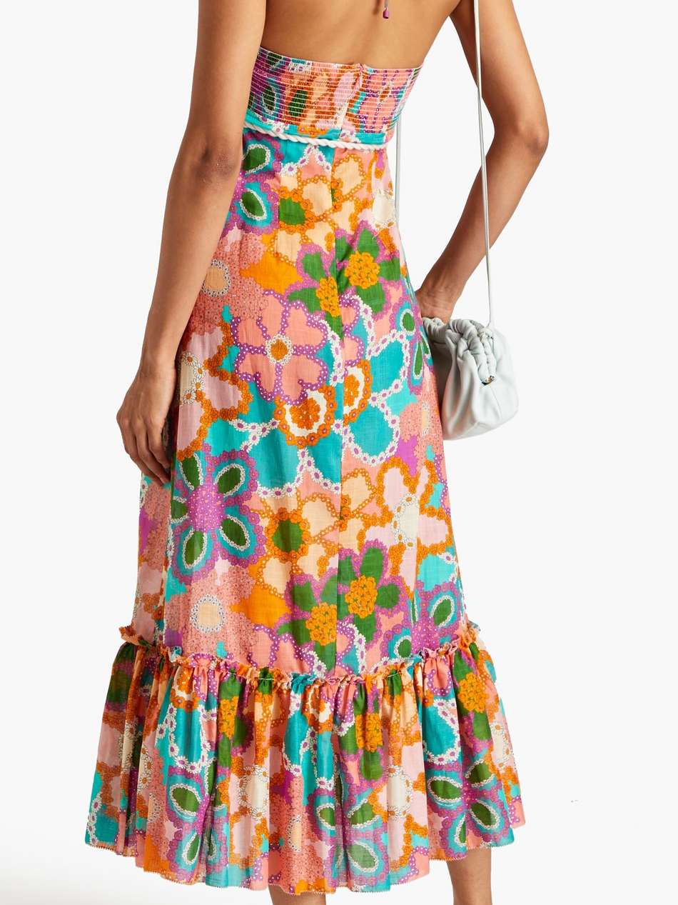 ruffled floral-print cotton midi halterneck dress
