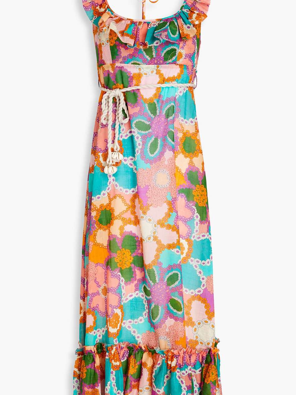 ruffled floral-print cotton midi halterneck dress