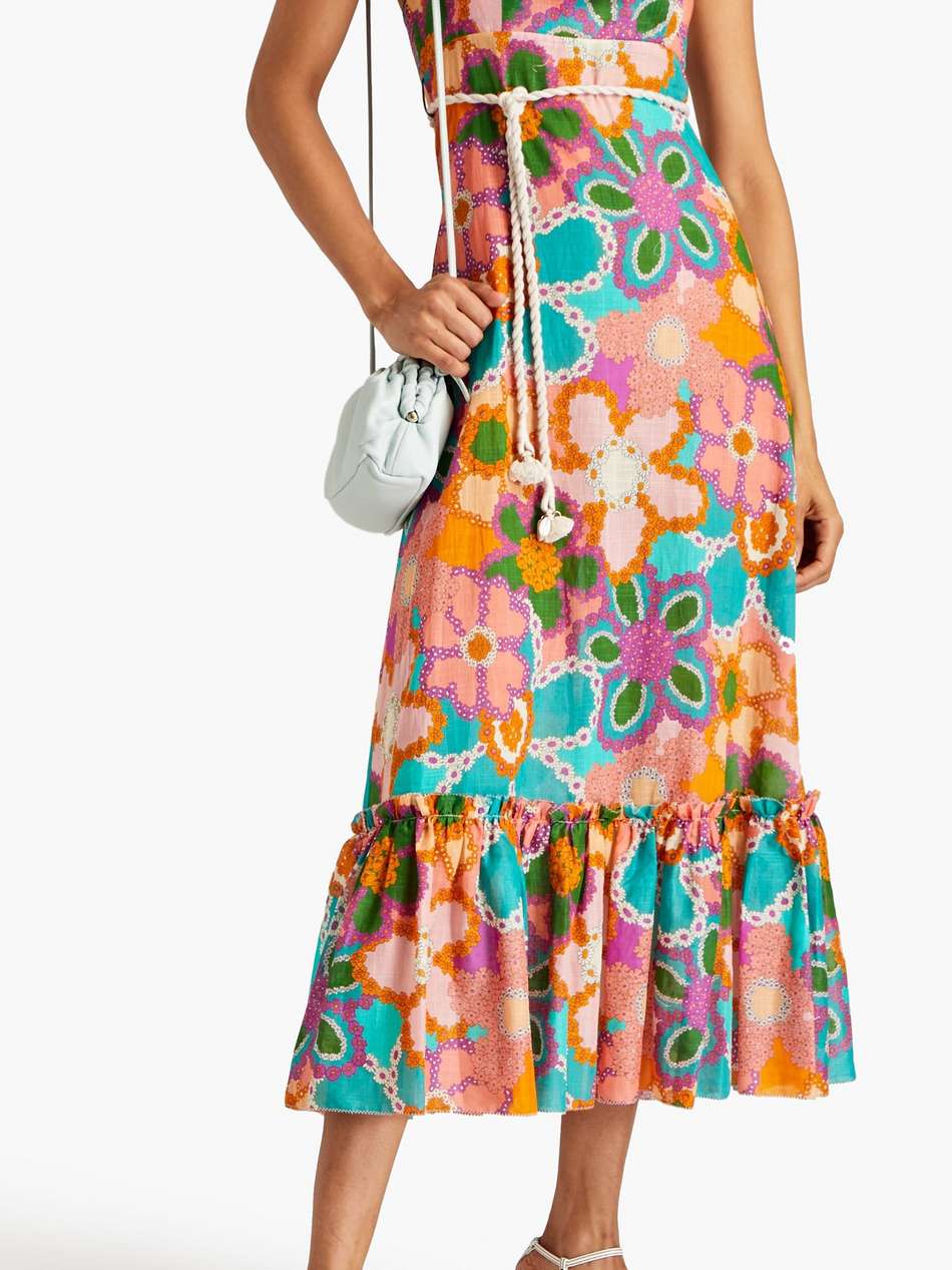 ruffled floral-print cotton midi halterneck dress