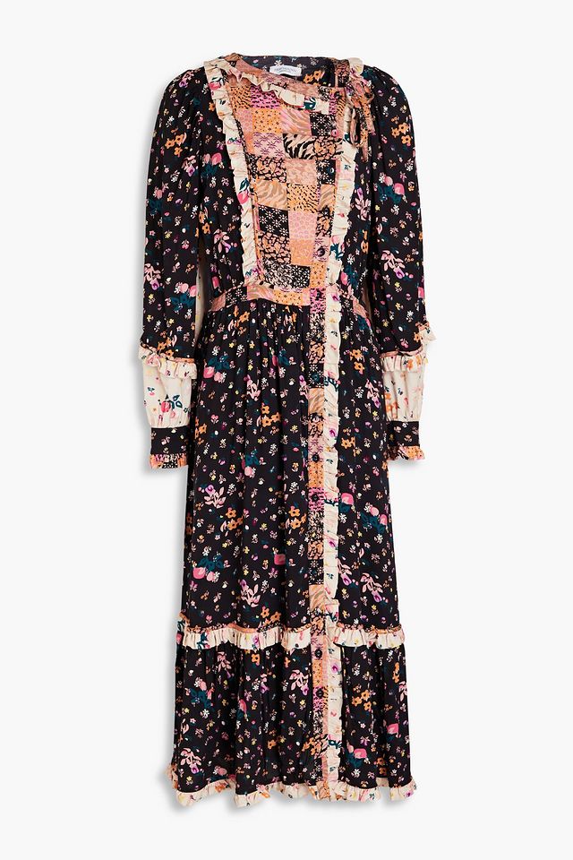 Patchwork-effect twill midi shirt dress