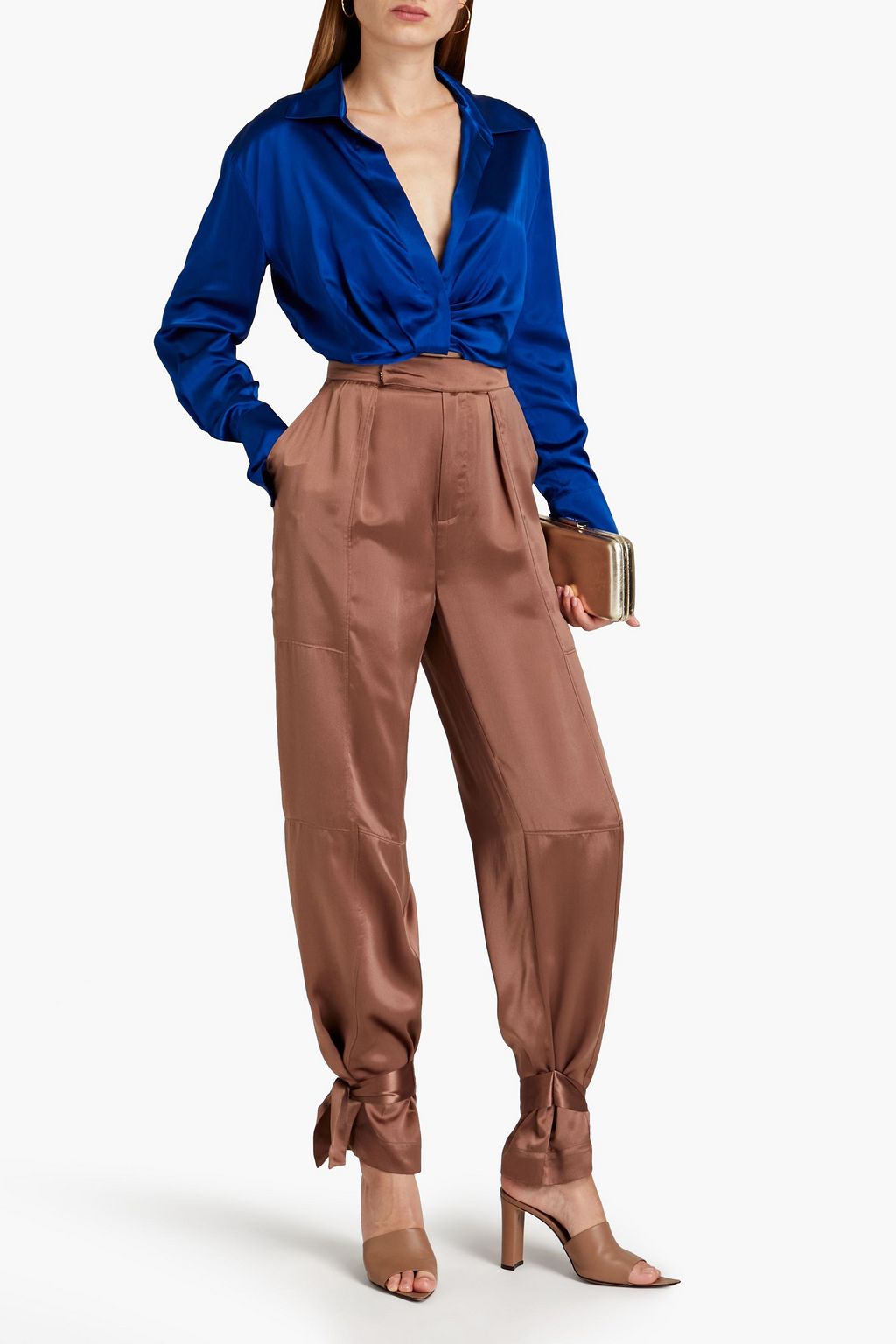 NICHOLAS Pleated silk-satin tapered pants