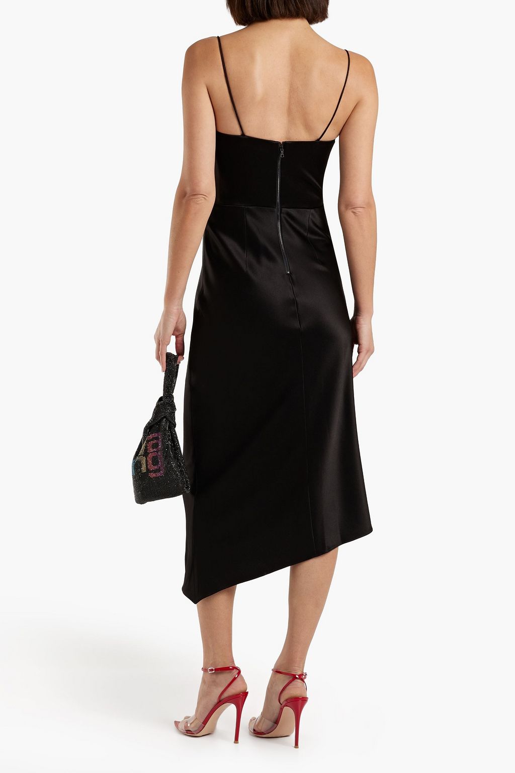 ALICE + OLIVIA サテンクレープ ミディワンピース アシンメトリー ドレープ入り