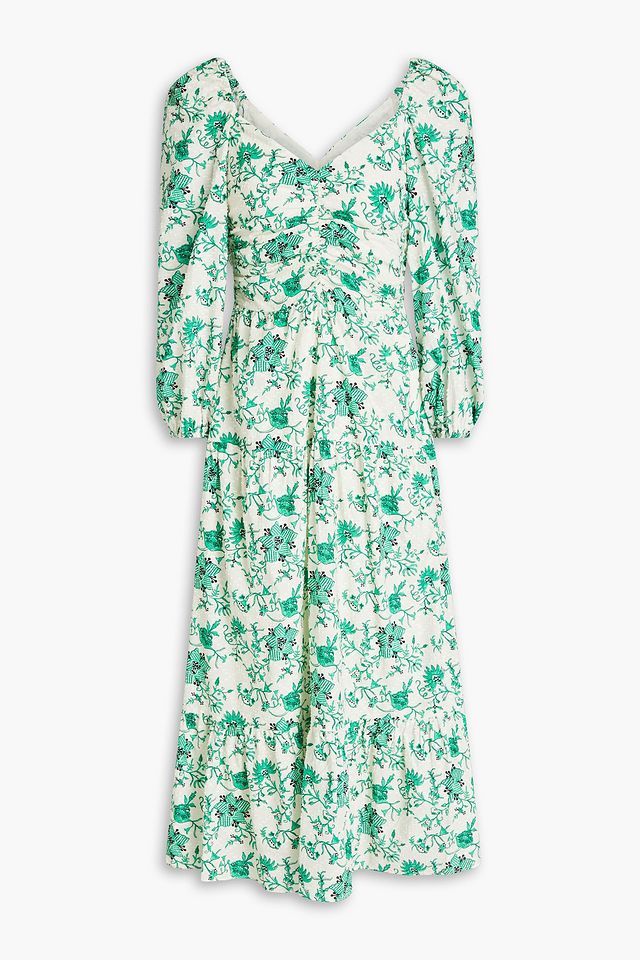 Ruched printed fil coupé cotton midi dress