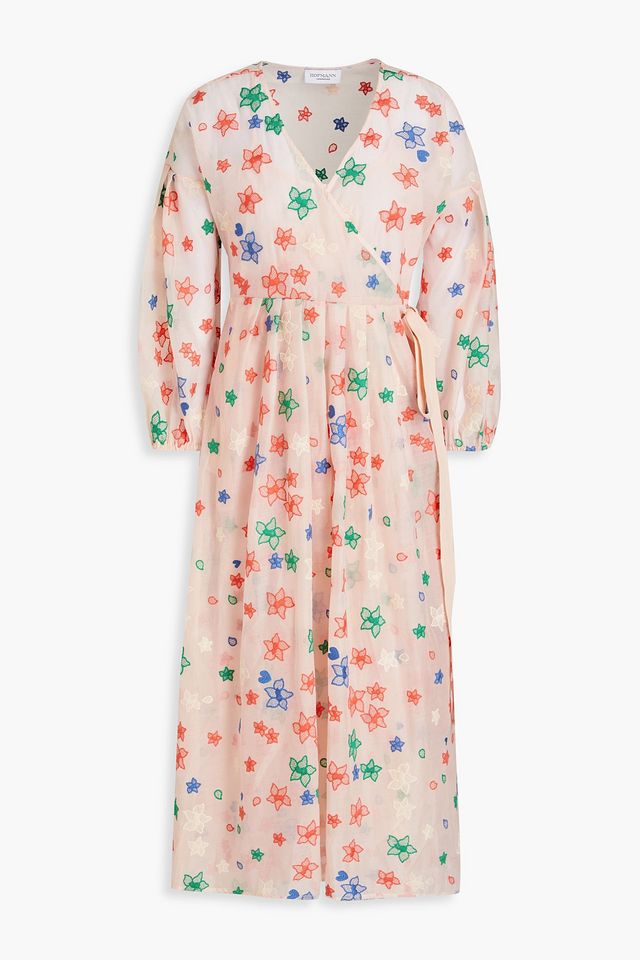 Nela pleated embroidered organza midi wrap dress