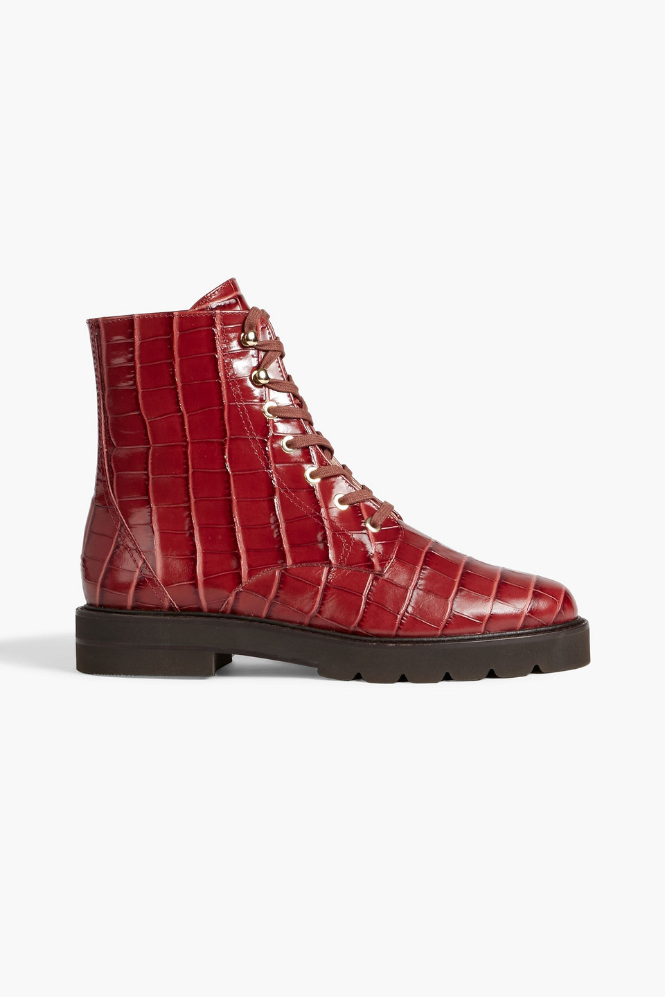 Shop Stuart Weitzman Mila Croc-effect Leather Combat Boots In Claret