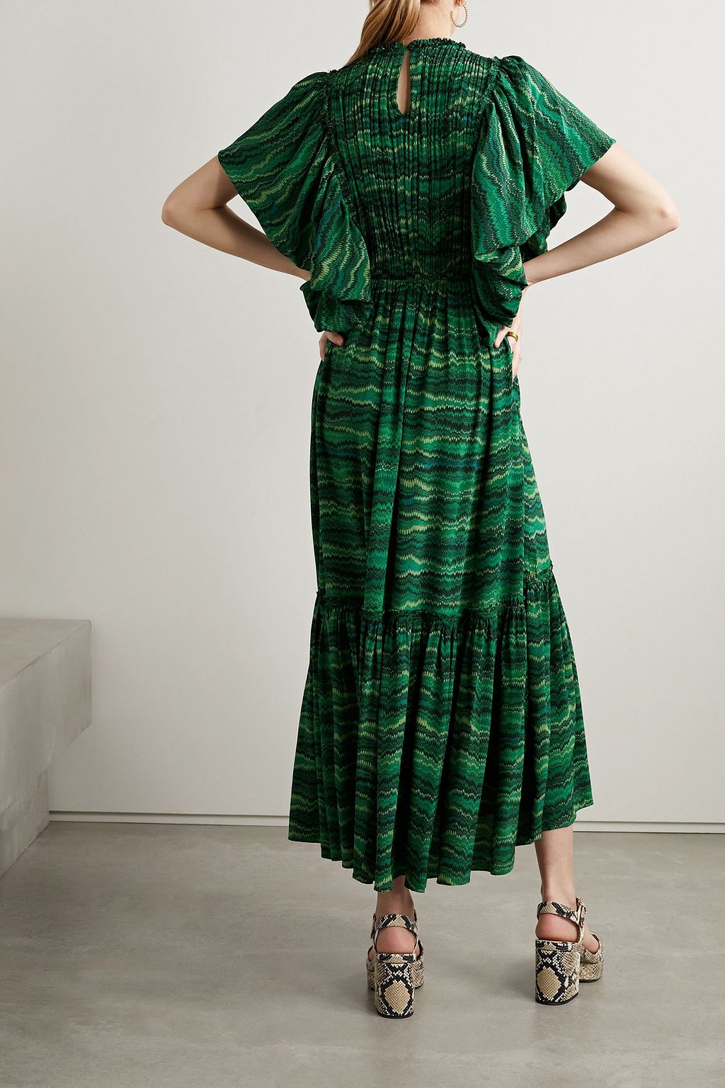 ULLA JOHNSON シルククレープ ミディ丈ワンピース ギャザー＆プリント入り