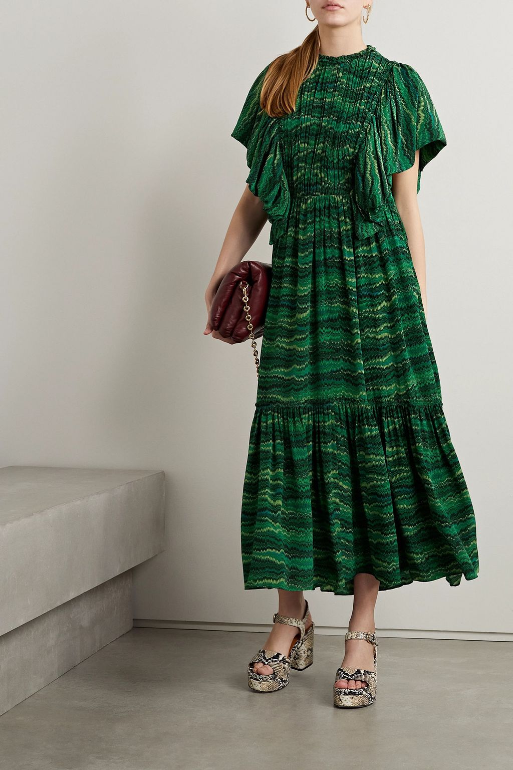ULLA JOHNSON シルククレープ ミディ丈ワンピース ギャザー＆プリント入り