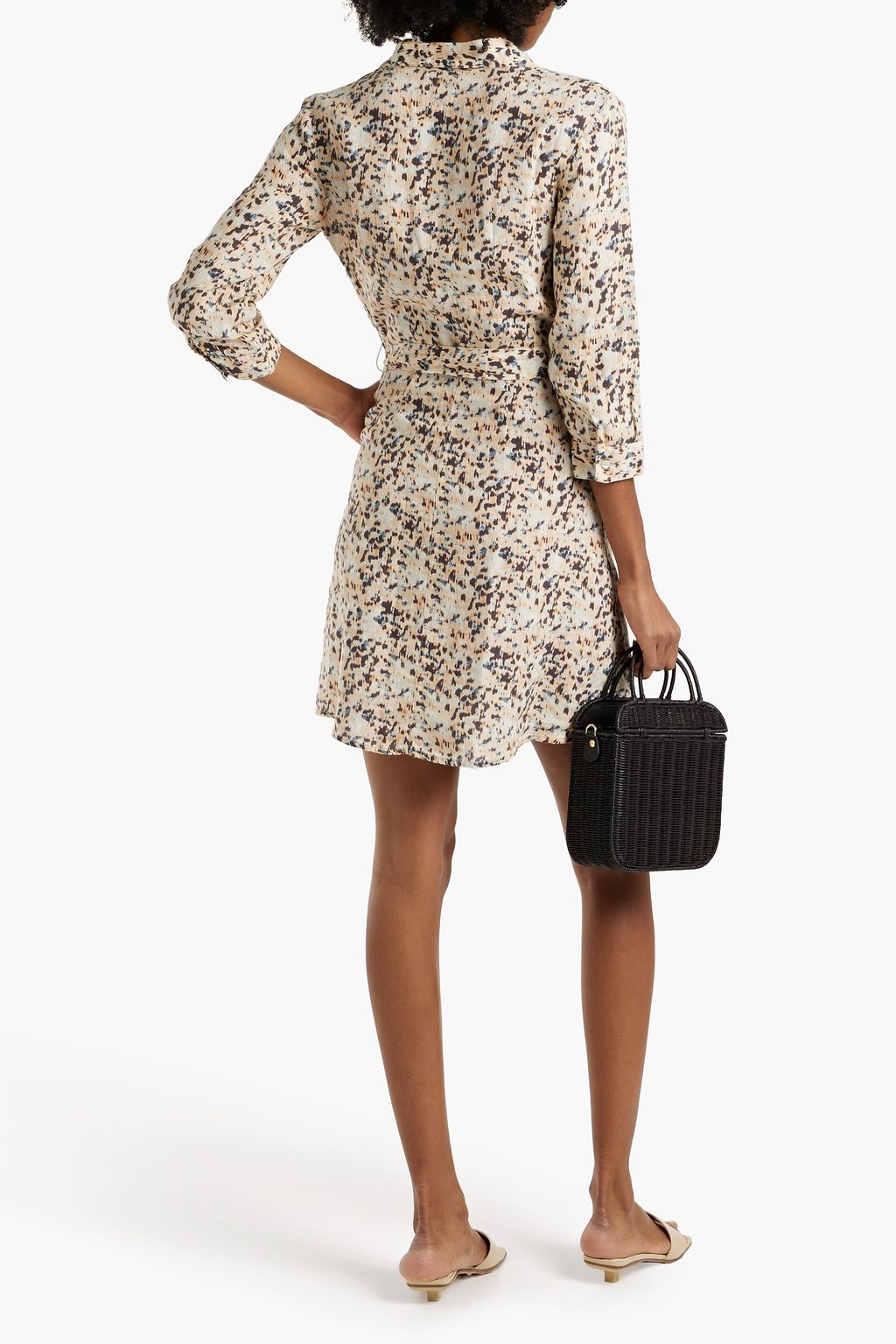 120% LINO Belted printed linen mini shirt dress