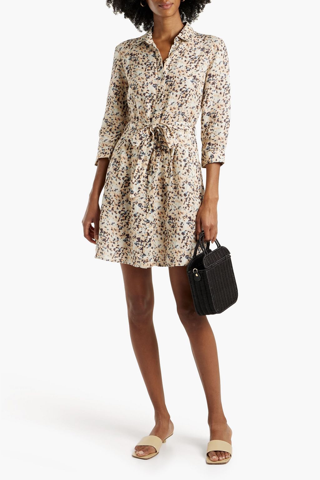 120% LINO Belted printed linen mini shirt dress