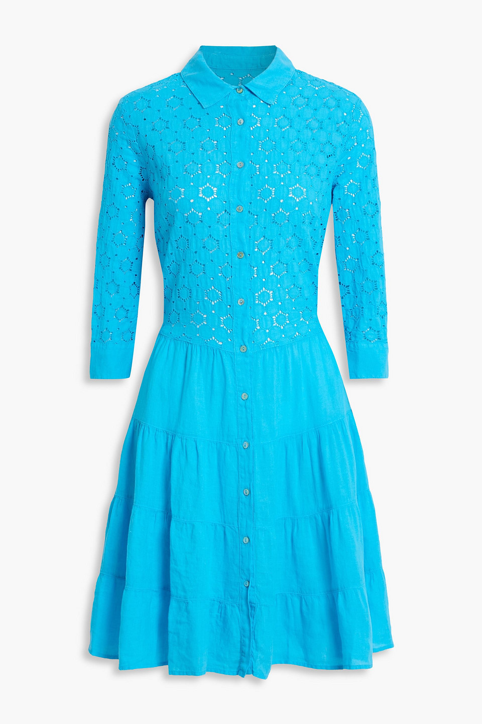 120% lino - tiered broderie anglaise linen mini shirt dress - blue - it 46