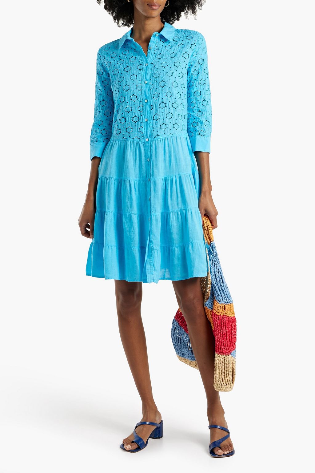 120% LINO Tiered broderie anglaise linen mini shirt dress