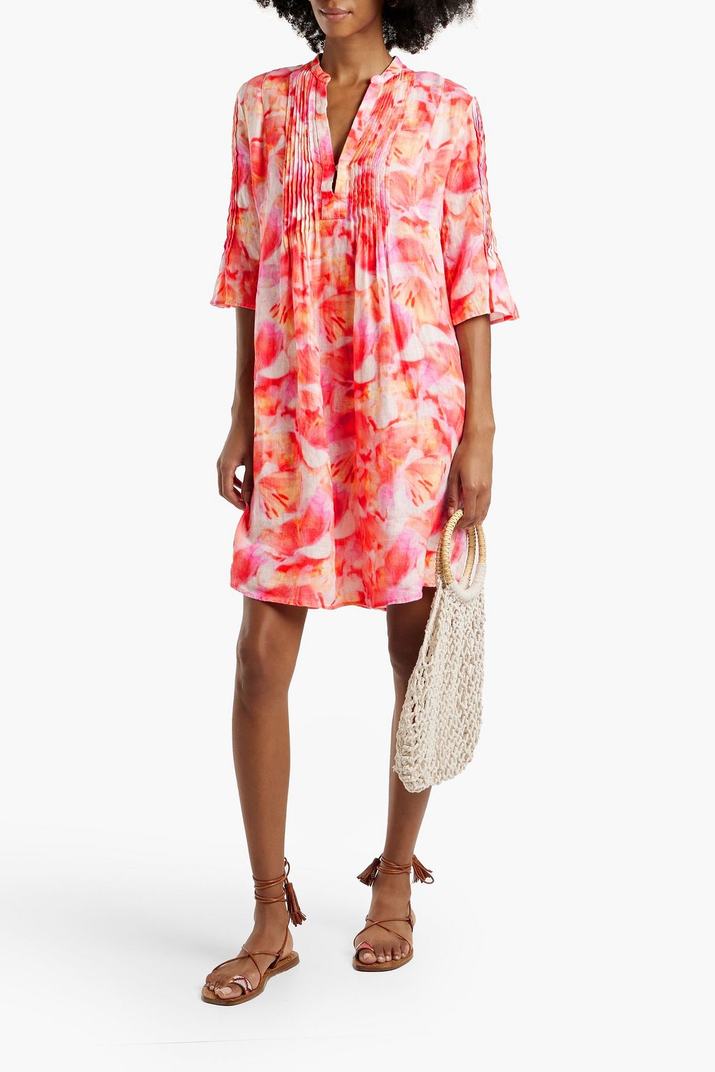 120% LINO Pintucked printed linen mini dress