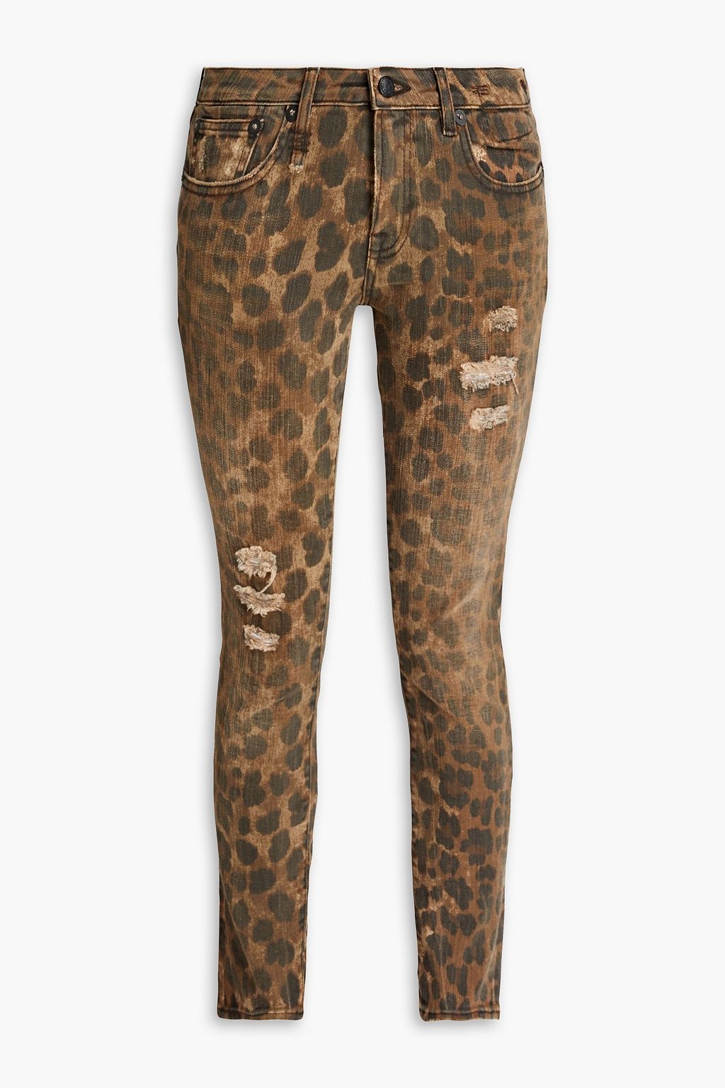 R13 Kate halbhohe Skinny Jeans in Distressed-Optik mit Leopardenprint