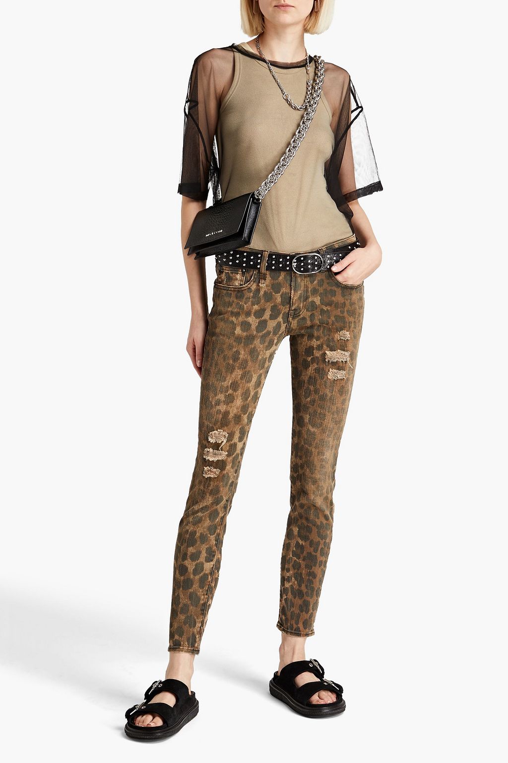 R13 Kate distressed leopard-print mid-rise skinny jeans
