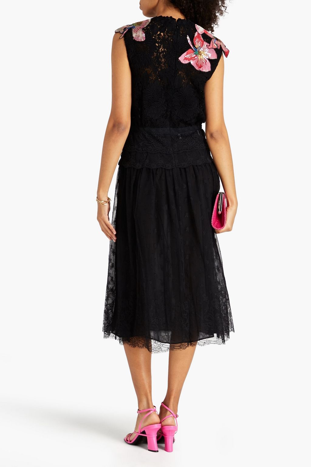 VALENTINO GARAVANI Embellished silk-blend tulle and crocheted lace midi dress